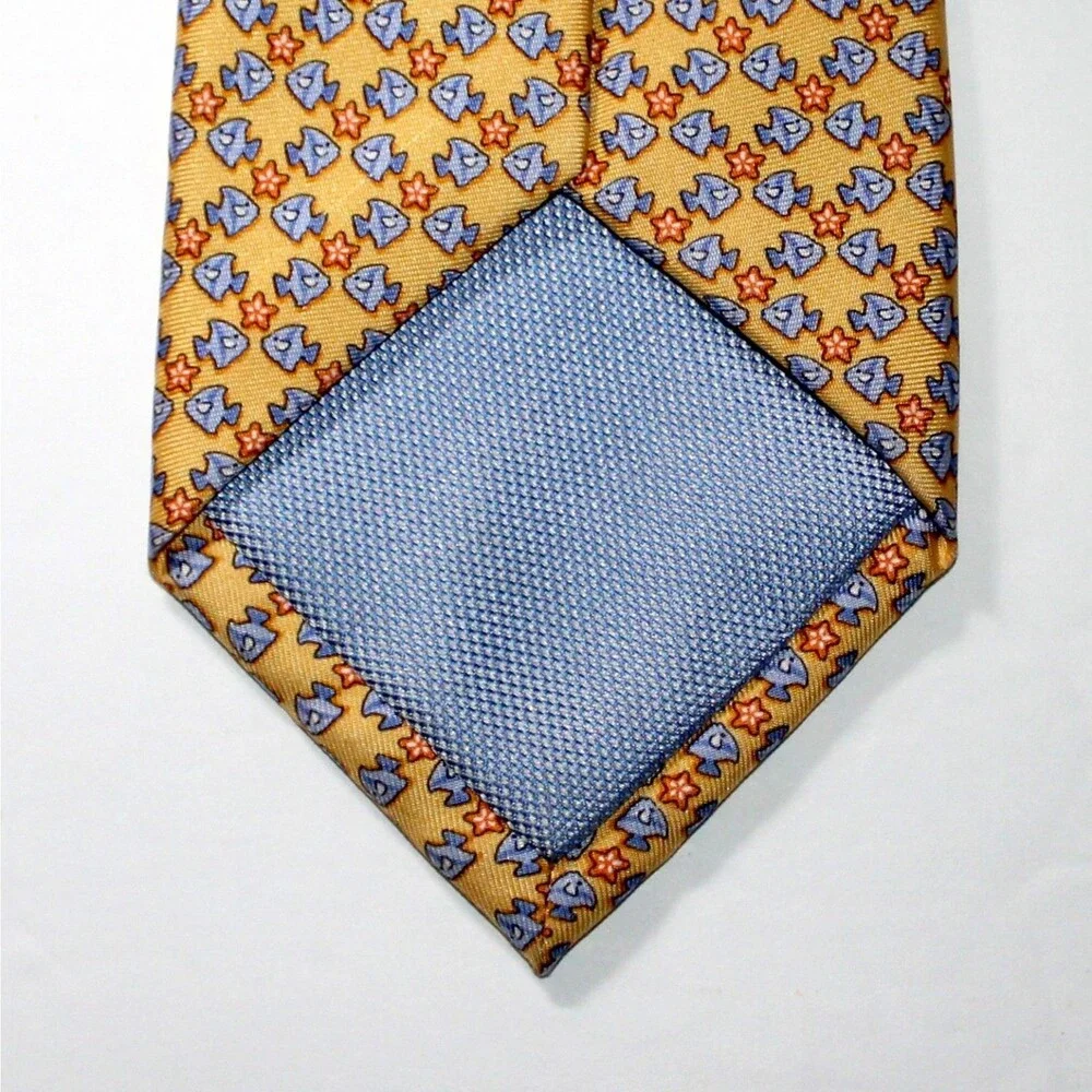 Tommy Hilfiger Necktie yellow blue fish starfish 100% silk sea ocean coast